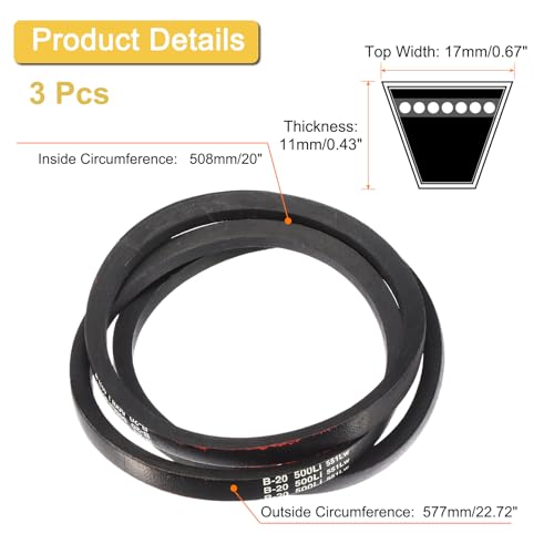 uxcell 3 Pack B-20 Classic Wrapped V-Belt, 23" Outside Circumference, Black Industrial Rubber V-Belt - size: B20