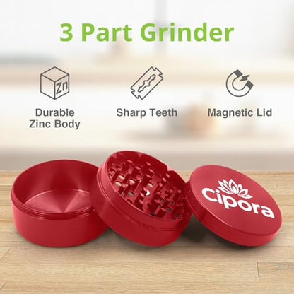 2.5" Manual 3-Piece Zinc Grinder with Large Bottom Chamber (Red) - color: Red