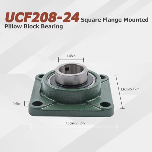 2Pcs UCF208-24 Pillow Block Bearings 1-1/2 Inch Bore Square Flange Mounted Pillow Block Bearing 4 Bolt, Self Alignment