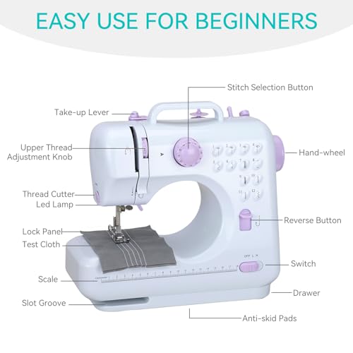 Mini Sewing Machine for Beginners, Portable Sewing Machine with 12 Stitches - color: Purple
