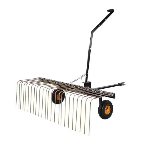 VEVOR Tow Behind Dethatcher, 60-inch Lawn Dethatcher Rake with 24 Steel Tines for ATV or Mower, Heavy Duty Q235 Steel Tow Behind Lawn Rake with Lift Handle for Farm Leaves, Pine Needles, and Grass - style: 60" Tow Behind Dethatcher