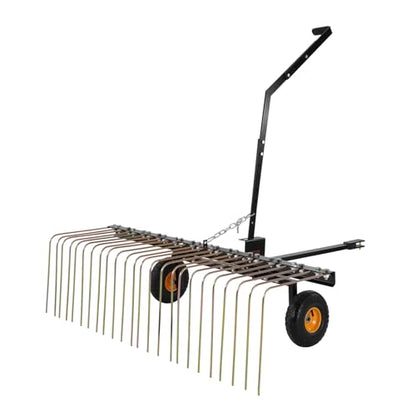 VEVOR Tow Behind Dethatcher, 60-inch Lawn Dethatcher Rake with 24 Steel Tines for ATV or Mower, Heavy Duty Q235 Steel Tow Behind Lawn Rake with Lift Handle for Farm Leaves, Pine Needles, and Grass - style: 60" Tow Behind Dethatcher