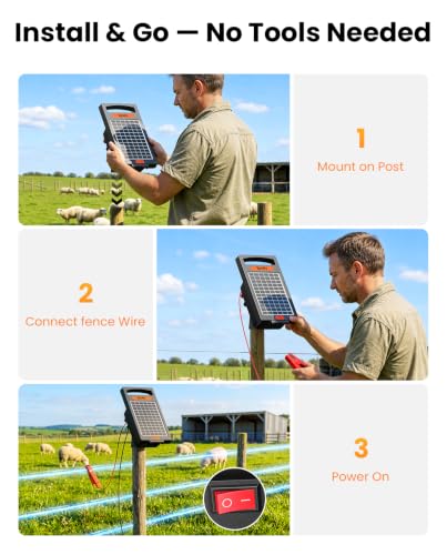 Solar Fence Charger, 0.32J, 20-Mile Coverage for Gardens, Deer