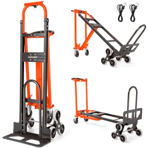 1000lbs Aluminum Stair Climbing Dolly, 3-in-1 Convertible Hand Truck,Orange | Heavy Duty Foldable Dolly Cart with Solid Rubber Tri-Wheels, Loop Handle and 2 Bungee Cords for Moving, Warehouse - color: Orange
