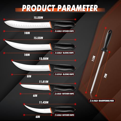 TIVOLI Butcher Knife Set 6 pcs - Game Processing Knife Set 7" Sharpener Rod - size: 10
