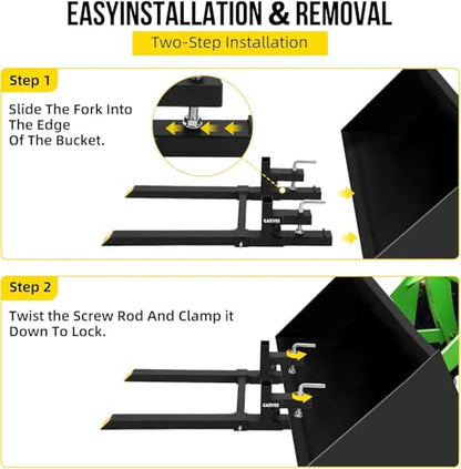 43" Clamp on Pallet Forks for Tractor Bucket, Heavy Duty 2000lbs Quick Attach Skid Steer Loader Pallet Fork with Adjustable Stabilizer Bar