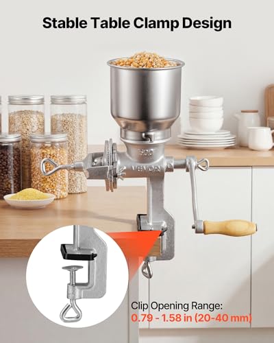 VEVOR Manual Grain Mill with High Hopper, Hand-Crank Corn Grinder, Heavy Duty Cast Iron Wheat Grinding Mill with Stable Table Clamp for Grains Spices Coffee Beans Nuts