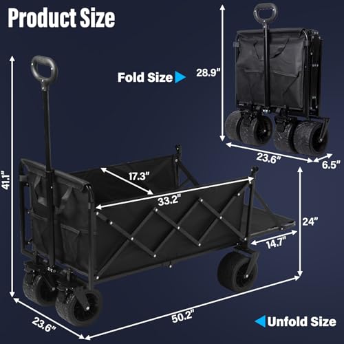 Collapsible Wagon Cart, Folding Cart with 600LBS Capacity, Black - color: Upgraded_600lbs