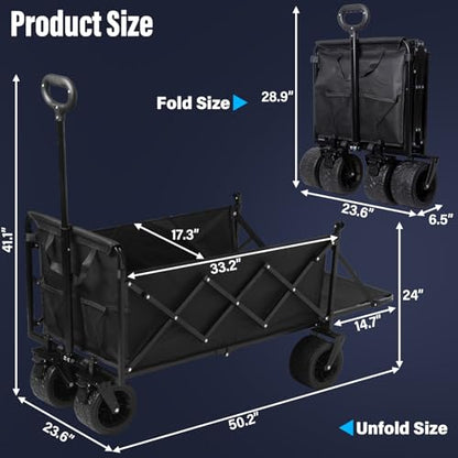 Collapsible Wagon Cart, Folding Cart with 600LBS Capacity, Black - color: Upgraded_600lbs