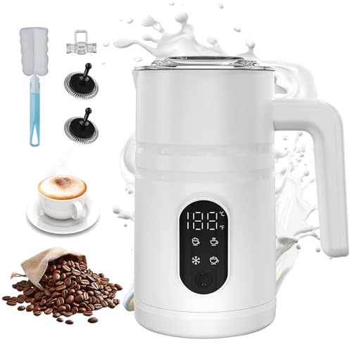 4 in 1 Electric Milk Frother Automatic Hot & Cold Foam Maker Auto Shut-Off Durable Stainless Steel Milk Frother Silent Working Easy to Clean for Hot Chocolate (White-With Digital Display) - color: White-A