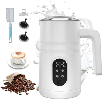 4 in 1 Electric Milk Frother Automatic Hot & Cold Foam Maker Auto Shut-Off Durable Stainless Steel Milk Frother Silent Working Easy to Clean for Hot Chocolate (White-With Digital Display) - color: White-A