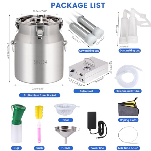 8L Cow/Goat Two-in-One Rechargeable Electric Milker, Goat Milker Machine, Cow Milking Machine, The Latest Pulsation Vacuum Pump with Pressure Gauge, 304 Stainless Steel Bucket (Rechargeable)
