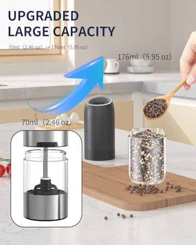 CIRCLE JOY Gravity Electric Salt and Pepper Grinder Set, Battery Powered Automatic Pepper Mills with Adjustable Coarseness, One Hand Operation, 176ml Large Container, Black - Includes 8 Batteries - color: Black Plus, size: Battery