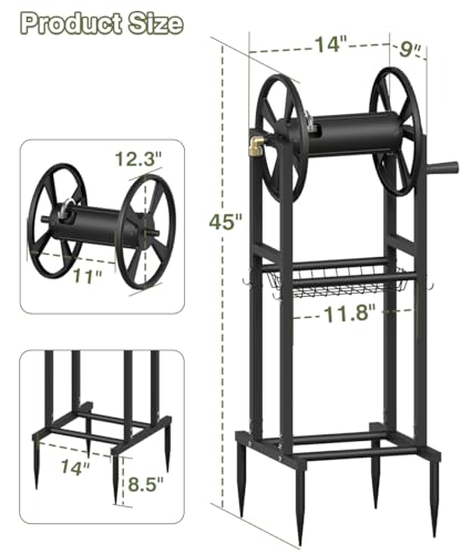 Freestanding Garden Hose Reel holds 125ft Hose of 5/8" with 4 Hooks, 4-Spike Outdoor Hose Holder with 3.9ft Leader Hose & Brass Fitting, Detachable Metal Hose Stand with Storage Rack, Black - color: Black