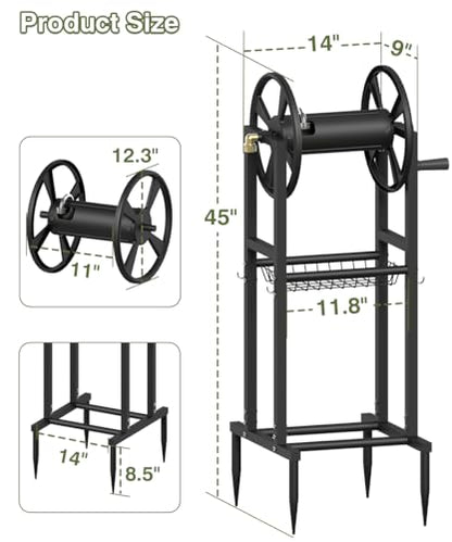 Freestanding Garden Hose Reel holds 125ft Hose of 5/8" with 4 Hooks, 4-Spike Outdoor Hose Holder with 3.9ft Leader Hose & Brass Fitting, Detachable Metal Hose Stand with Storage Rack, Black - color: Black