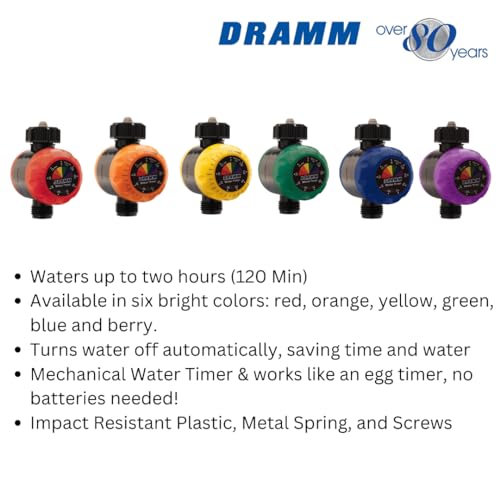 Dramm ColorStorm Premium Water Hose Timer, Mechanical, Turns Water Off Automatically, Up to 120 Minutes of Run Time, Compact for Lawn, Drip, Soaker Hose and Garden, Green