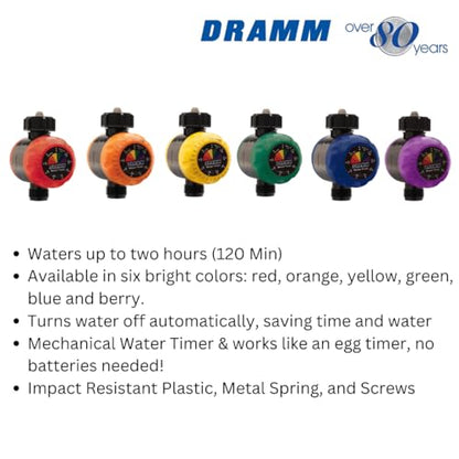 Dramm ColorStorm Premium Water Hose Timer, Mechanical, Turns Water Off Automatically, Up to 120 Minutes of Run Time, Compact for Lawn, Drip, Soaker Hose and Garden, Green