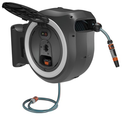 Gardena Battery-Powered Wall-Mounted Hose Box PowerRoll XL: 35m Garden Hose, Automatic Roll-Up, Black