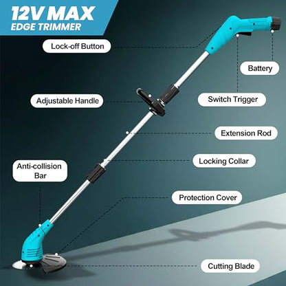 Cordless Weed Wacker, 12V Electric Grass Trimmer Edger,Blue - color: Blue