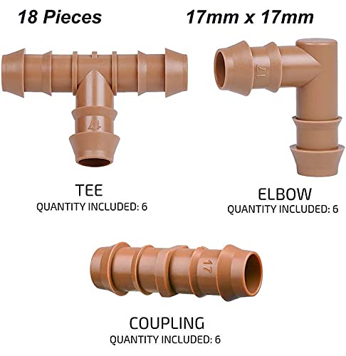Drip Irrigation Fittings Kit for 1/2" Tubing, 18 Pieces Set Barbed Connectors - 6 Tees, 6 Couplings, 6 Elbows - Drip Line Parts (17mm .600" ID) Half Inch for Garden Sprinkler Systems - color: 18 Pieces Set