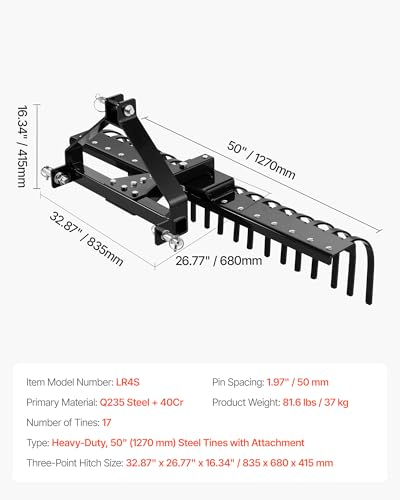 VEVOR 50 in Lanscape Rock Rake, 3-Point Tow Behind Landscape Rake with 17 Steel Tines, Fit Category 1 Tractors, Angle Adjustable, Heavy Duty Lawn Dethatcher Rake for Grass Branch Debris - style: 50" Dethatcher with 3-Point Attachments