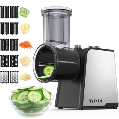 Electric Cheese Grater,300W DC Motor Salad Maker,Electric Slicer Shredder with 5 Different Shapes of Blades,Electric Vegetable Cutter for Potato,Carrot,Black