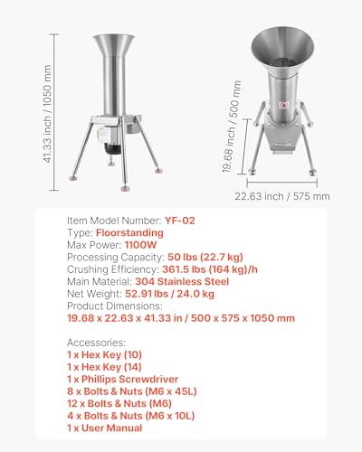 VEVOR 1100W Electric Fruit Apple Crusher, SUS304 Freestanding Crushing Machine, Grinds Whole Apples Up to 3.15" Dia, 164 KG/H Capacity, Cider Press for Apples, Pears, Pineapple, Guava, Carrot, Potato - size: 1100W