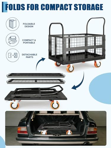 GarveeTech Platform Truck with Cage, 6-in-1 Multi-Purpose Flatbed Cart - color: Black