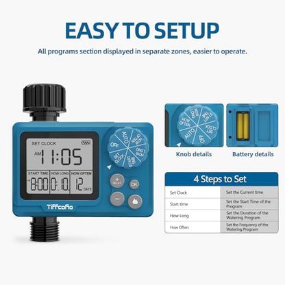 TiFFCOFiO Sprinkler Timer Outdoor, Digital Programmable for Garden Hose, Irrigrtion Timer with Rain Delay and Manual Mode - size: Standard, 1 Pack