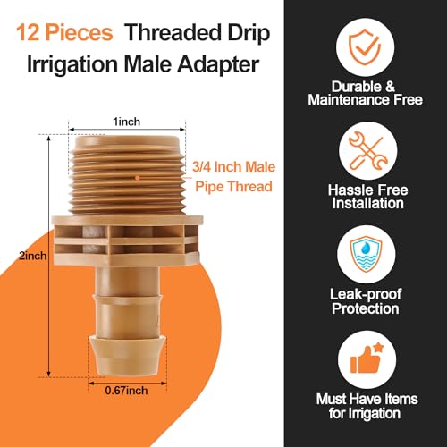 12 Pieces 3/4 Inch PVC to 1/2 Inch Drip Irrigation Adapter Fittings, 3/4" Male Pipe Thread(MPT) x 1/2" Drip Line Barbed Coupling Connectors 3/4-in PVC to 1/2-in Poly Tubing Adapter - size: 3/4" Thread To 1/2" Coupling