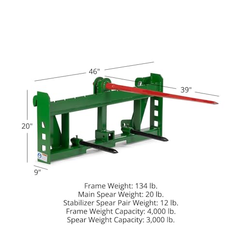 Titan Attachments Economy Series Global Euro Hay Frame Attachment with Hay Spear and Stabilizers Fits John Deere Tractors, Rated 4,000 LB (39" Main Spear + 17.5" Stabilizers) - style: 39" Main Spear + 17.5" Stabilizers