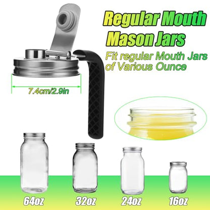 Mason Jar Pour Spout Lid Stainless Steel with Handle, Regular Mouth Pour Spout Flip Cap Lids for Mason Jars, Anticracking Leak Proof Seal Cover Airtight for Drinking Salad Dressing Food Storing(4PCS) - style: Regular Mouth Stainless Steel Lid with Handle