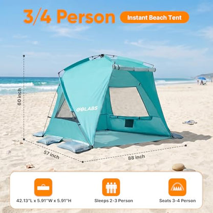 Golabs BT1 Pop up Beach Tent for 3 Person, 1-Min Setup by Pre-Attached Pole - color: GREEN