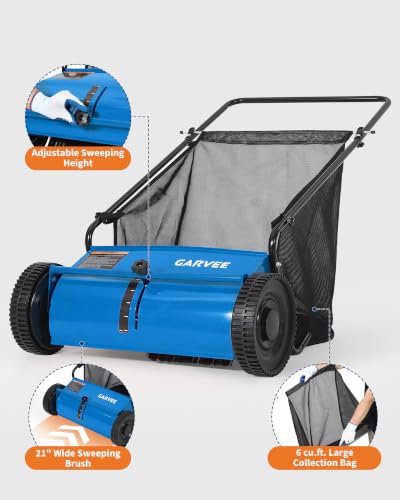 21" Push Lawn Sweeper with 6 Cu.Ft. Leaf & Grass Hopper Collector Bag - color: Blue, size: 21in