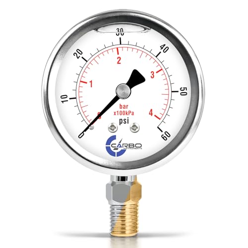 Carbo 60 PSI Liquid Filled Pressure Gauge with NIST Traceable Certificate, Calibrated in USA Lab, 2.5" Dial, 1/4 NPT Lower Mount, ASME Grade A, 304 SS Case, Brass Wetted Parts, PSI/Bar - size: 0-60 Psi, style: NIST TRACEABLE