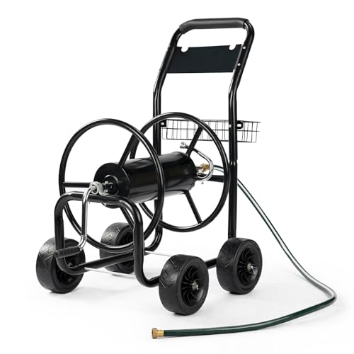 VINGLI 4-Wheel Garden Hose Reel Cart with Storage Basket, Portable Residential Hose Reel Cart, Lawn Watering, for Garden Backyard and Farm - color: Black 300ft -4 Wheel
