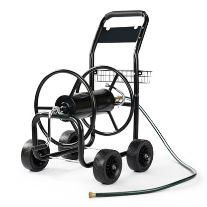 VINGLI 4-Wheel Garden Hose Reel Cart with Storage Basket, Portable Residential Hose Reel Cart, Lawn Watering, for Garden Backyard and Farm - color: Black 300ft -4 Wheel