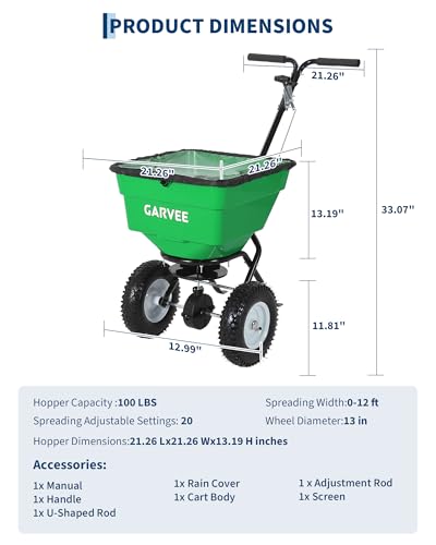 Push Broadcast Spreader, 12ft Spread Width, 100LBS, 58L, Heavy Duty, Green