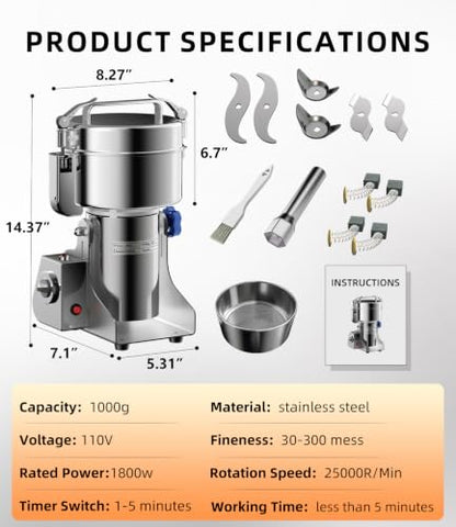 Electric Grain Mill 1000g Home Flour Mill for Wheat Rice Corn Herbs Spices - size: 1000g