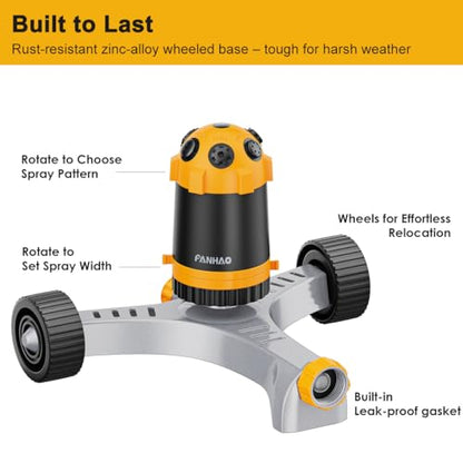 FANHAO Gear Drive Sprinkler with Metal Wheel Base, Portable Lawn Sprinkler