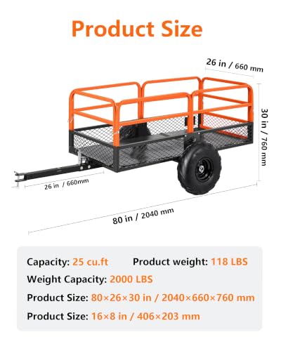 ATV UTV Trailer Tow Behind Dump Cart, 25 Cubic Feet, 2000 LBS