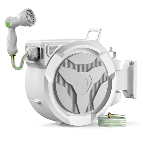 Retractable Garden Hose Reel 1/2"x100ft Wall Mount with 10-Function Nozzle - color: White
