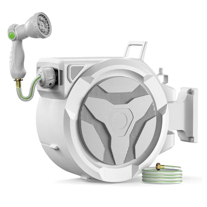 Retractable Garden Hose Reel 1/2"x100ft Wall Mount with 10-Function Nozzle - color: White