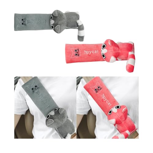 Wevdn 2 PCS Cute Car Seat Belt Pads, Soft Comfortable Cartoon Seat Belt Strap Cover Cushion Pad, Universal Shoulder Strap Pad for Seatbelt and Bag Backpack Strap, Car Accessories (Pink+Gray Cat) - color: Pink+Gray Cat