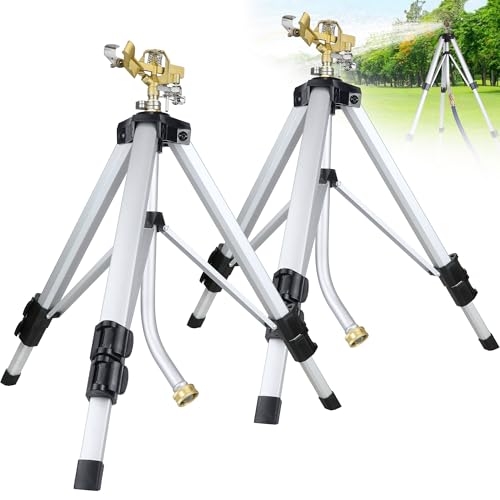 Sprinklers for Yard on Tripod, 2 Pack Heavy Duty 360 Degree Impact Lawn Sprinklers for Yard and Gardens, Adjustable Base with Sprinkler Head Nozzle and 3/4" NH Inlet Hose Connection
