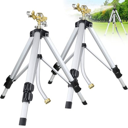 Sprinklers for Yard on Tripod, 2 Pack Heavy Duty 360 Degree Impact Lawn Sprinklers for Yard and Gardens, Adjustable Base with Sprinkler Head Nozzle and 3/4" NH Inlet Hose Connection