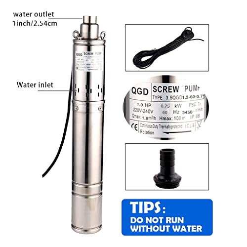 3.5 Inch Tube Stainless Steel Deep Well Pump 1HP Submersible Screw Well Pump 220-240V/60Hz Well Water Pump Max.Head 100m/328ft Flow 8GPM 90mm Well Pump for Home and Industrial Garden Agricultural - size: 1" 220-240V 60Hz 1HP