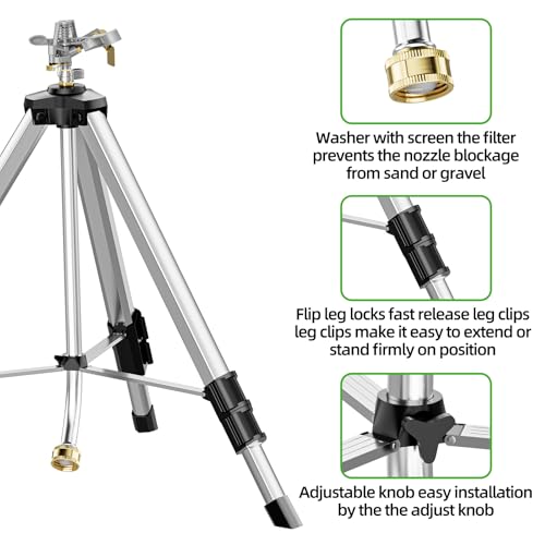 SPECILITE Brass Impact Sprinkler on Tripod Base, Waters up to 90ft, 50 inch | Heavy Duty Metal, 360 Degree Irrigation for Large Area, Yard, Lawn, Covering up to 6360sqft, for Large Area, Yard, Lawn,
