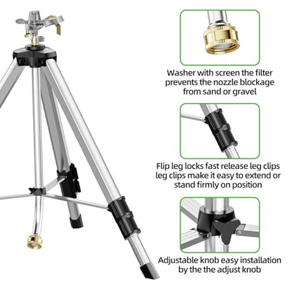 SPECILITE Brass Impact Sprinkler on Tripod Base, Waters up to 90ft, 50 inch | Heavy Duty Metal, 360 Degree Irrigation for Large Area, Yard, Lawn, Covering up to 6360sqft, for Large Area, Yard, Lawn,