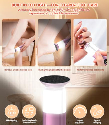 5-in-1 Electric Foot Callus Remover,Portable Callus Remover for Feet【Ergonomic Triangular Grip - 45% Less Slippage】【Optimal RPM Combination】 Display & LED Lights-Foot Callus Remover with 30 Grit Pads - color: Pink
